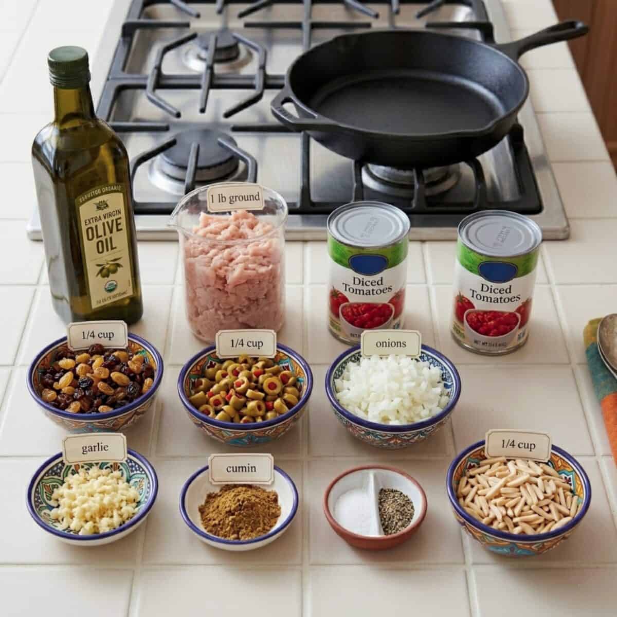 Ingredients used to make Chicken Picadillo including olive oil, ground chicken breast, can of diced tomatoes, raisins, olives, onion, minced garlic, ground cumin, salt and pepper and slivered almonds on tiled counter with cast iron skillet in the background.