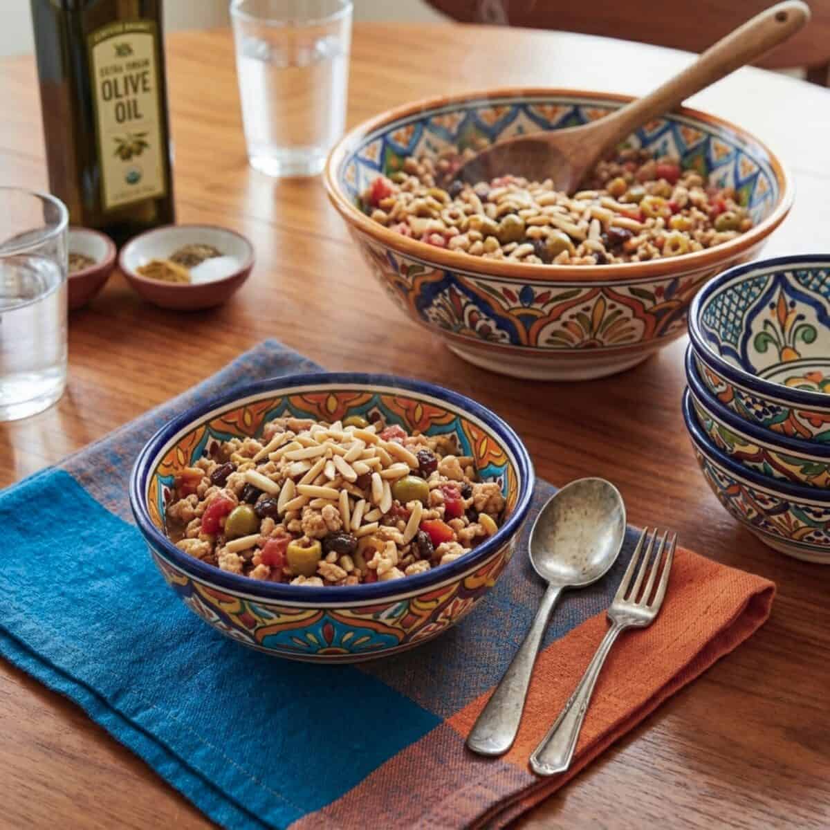 Chicken Picadillo in a colorful talavera pottery serving bowl with linen napkin and utensils alongside stack of bowls and larger bowl of chicken picadillo for serving.