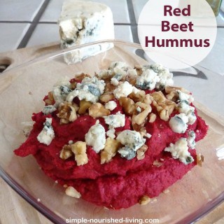 Red Beet Hummus with crumbled blue cheese and walnuts
