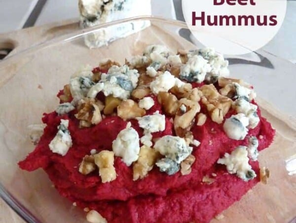 Red Beet Hummus with crumbled blue cheese and walnuts