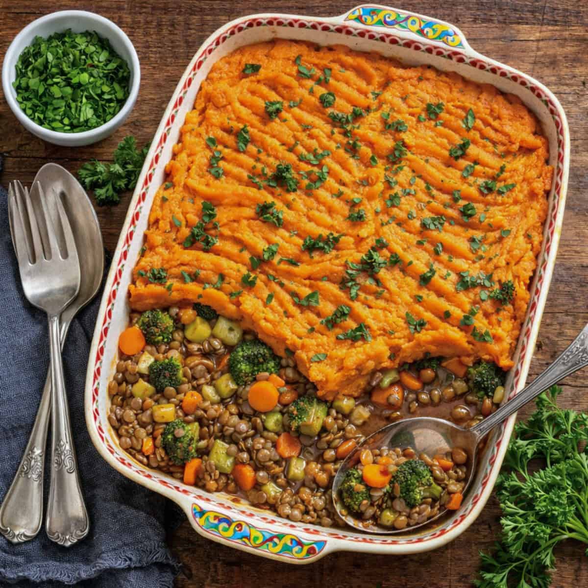Vegetarian Shepherd's Pie in colorful casserole dish with serving utensils and garnished with fresh parsley.