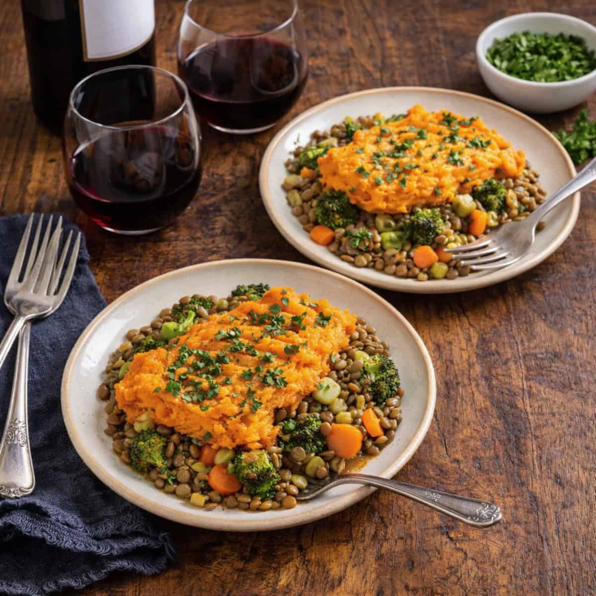 Vegetarian Shepherd's Pie on two plates with forks topped with fresh parsley and two glass of red wine alongside on a wood table.