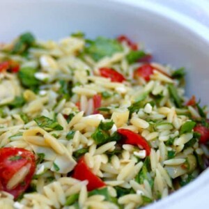 Easy Weight Watchers Orzo Salad with Vegetables close up in a white bowl