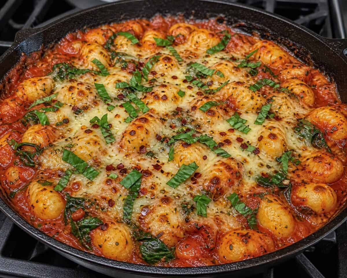 Baked Gnocchi Bolognese Skillet topped with fresh chopped basil on stovetop.