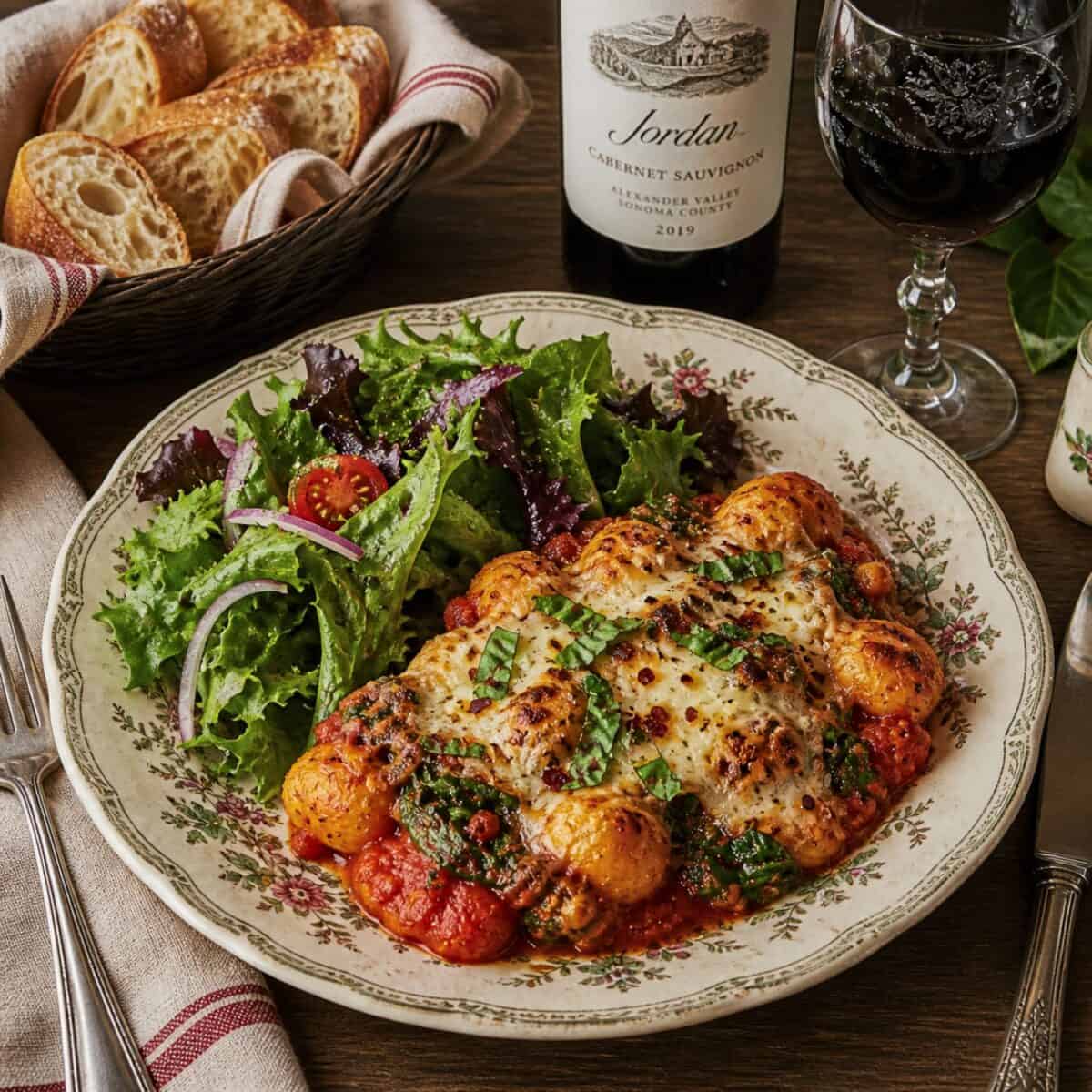 Baked Gnocchi Bolognese alongside mixed green salad on dinner plate on table with basket of bread, bottle of Cabernet Sauvignon, linen napkin and utensils.