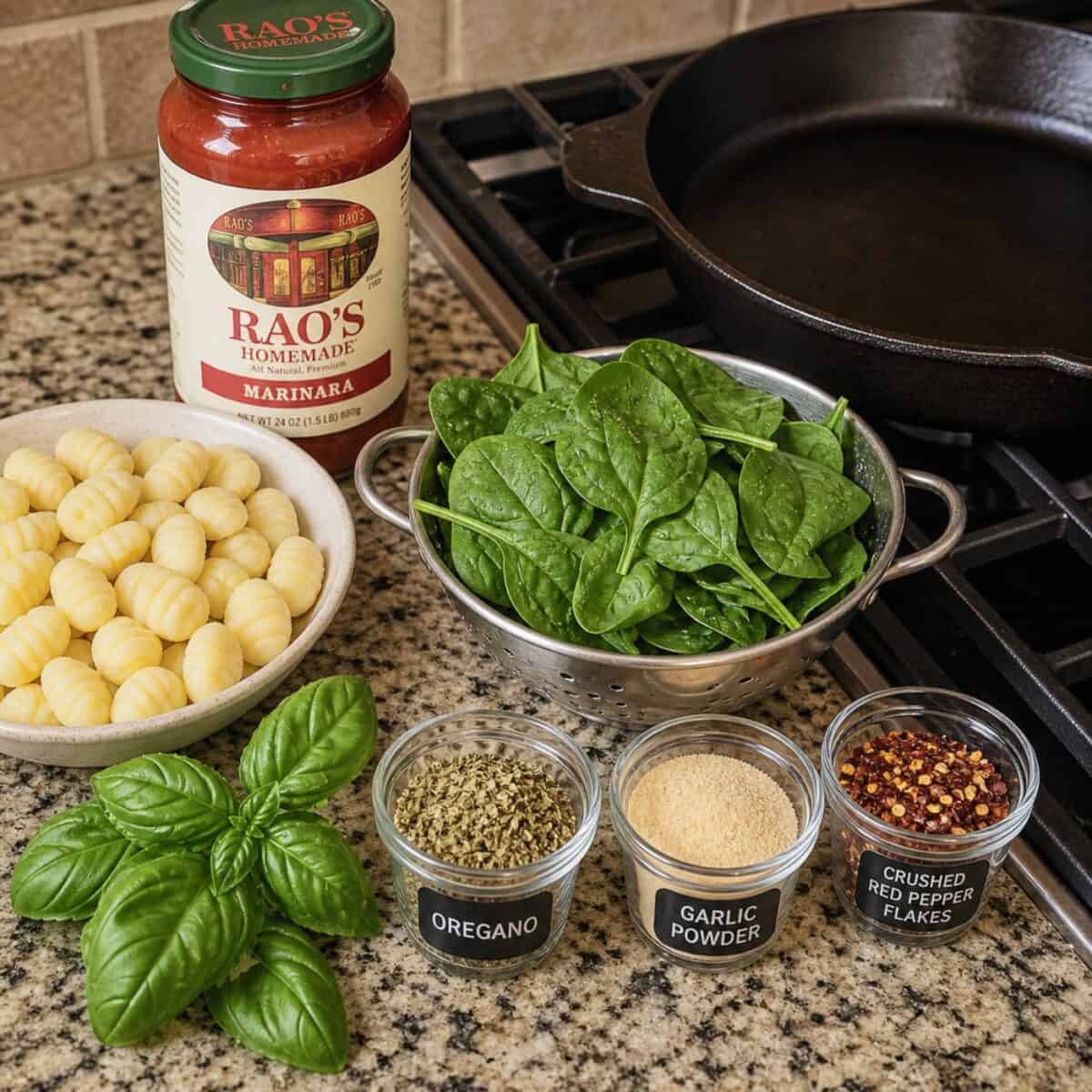 Jar of Rao's spaghetti sauce, fresh gnocchi, fresh spinach, fresh basil leaves, dried oregano, garlic powder and crushed red pepper flakes on granite counter with cast iron skillet on stovetop in the background.