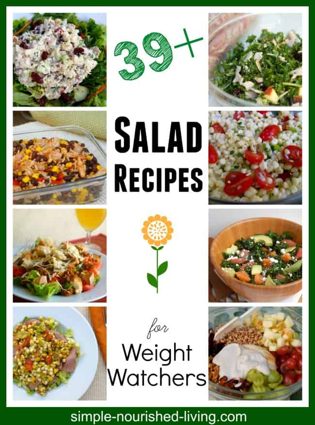Collage of various salads including kale salad, corn and tomato salad, cheeseburger salad and crunchy tuna salad.