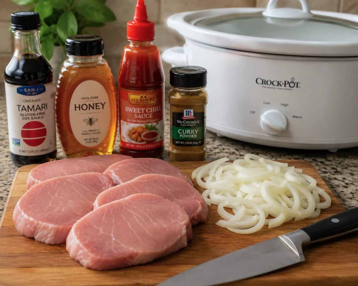 Ingredients including boneless pork chops, thinly sliced onion on a wood cutting board with a chef knife, bottle of tamari, honey, sweet chili sauce and curry powder with a white slow cooker in the background.