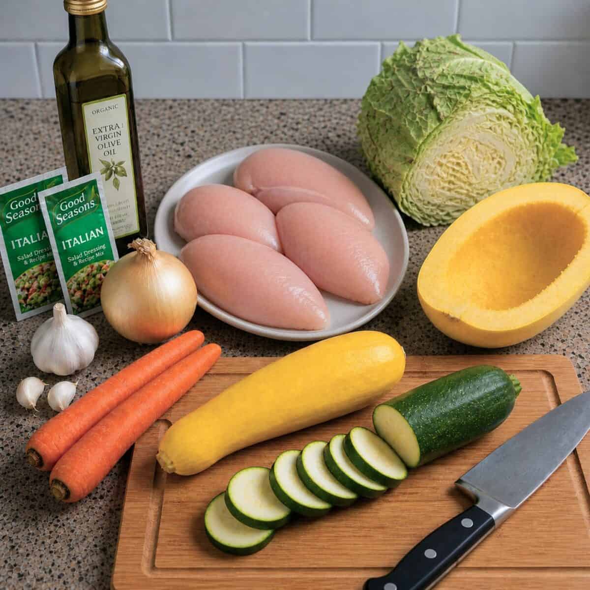 Ingredients including boneless, skinless chicken breasts, half a spaghetti squash, yellow squash, zucchini, carrots, sweet onion, garlic, olive oil with cutting board and chef knife.