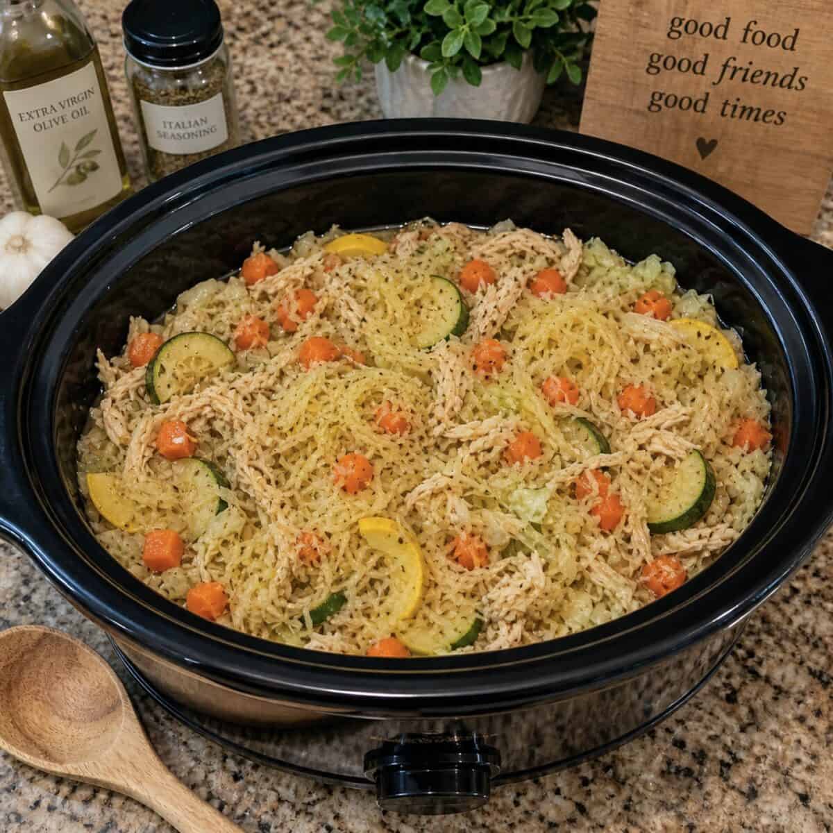 Slow Cooker Healthy Mess with spaghetti squash, shredded chicken breast, zucchini and carrots in black crock pot.