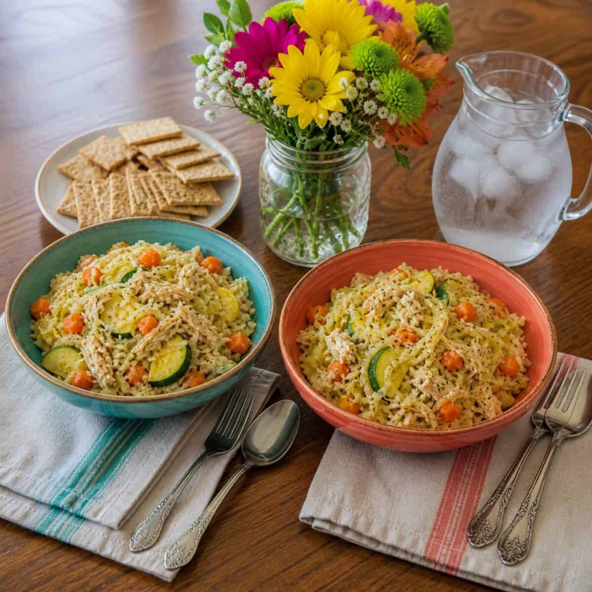 Slow Cooker Healthy Mess made with shredded chicken breast, spaghetti squash, carrots, zucchini and squash in two bowls alongside plate of crackers, pitcher of water and vase of fresh flowers.