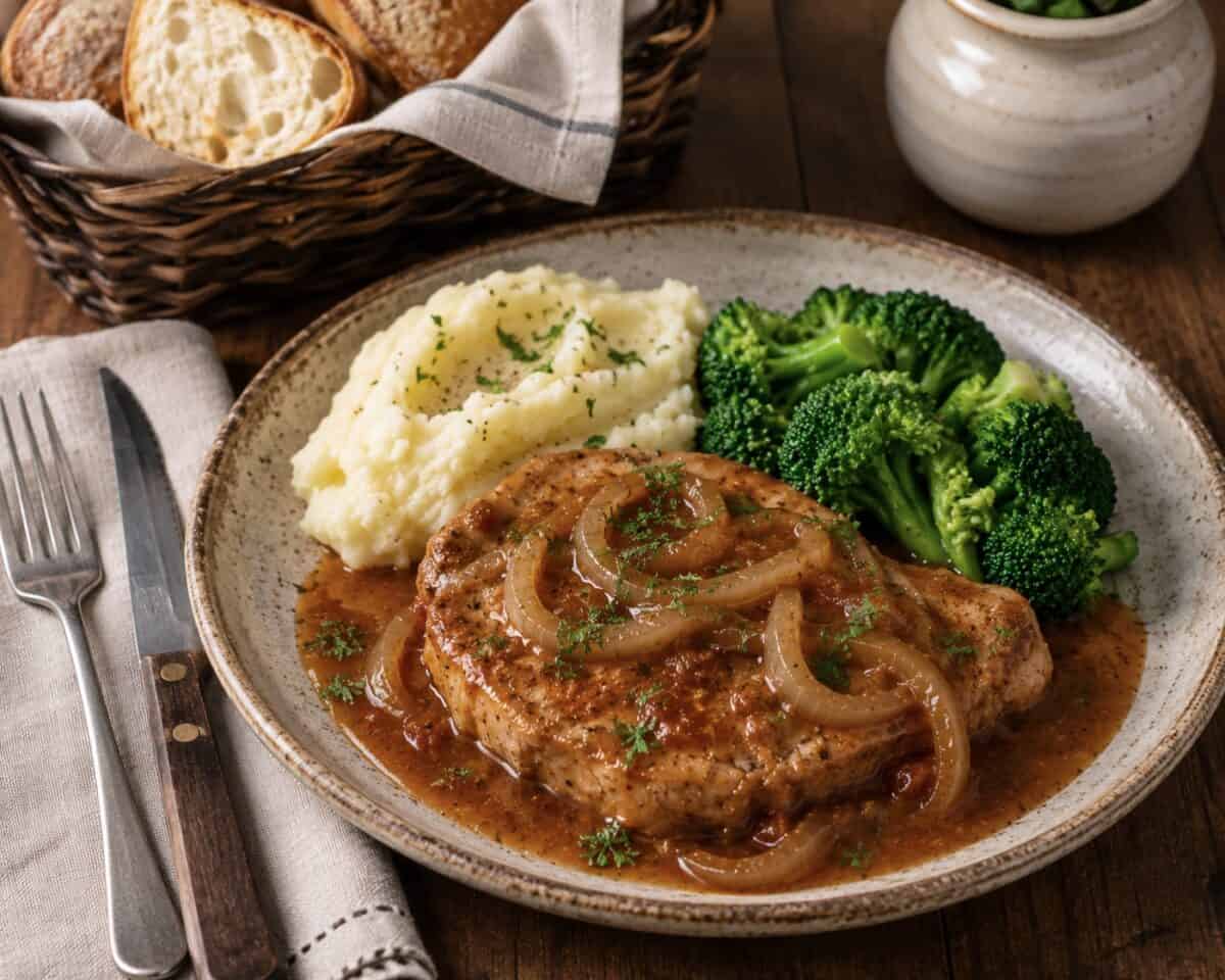 Slow Cooker Pork Chops on a dinner plate with mashed potatoes and steamed broccoli and a basket of crusty bread in the background.