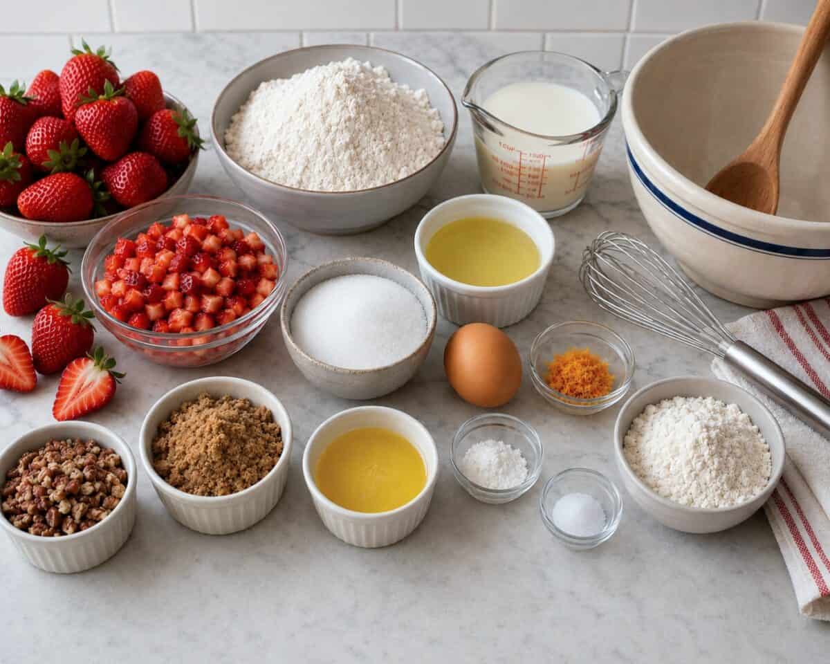 Ingredients including fresh strawberries, all-purpose flour, milk, vegetable oil, sugar, finely chopped pecans, brown sugar, melted butter, baking powder, salt, egg, grated orange peel alongside a whisk, mixing bowl and wooden spoon.