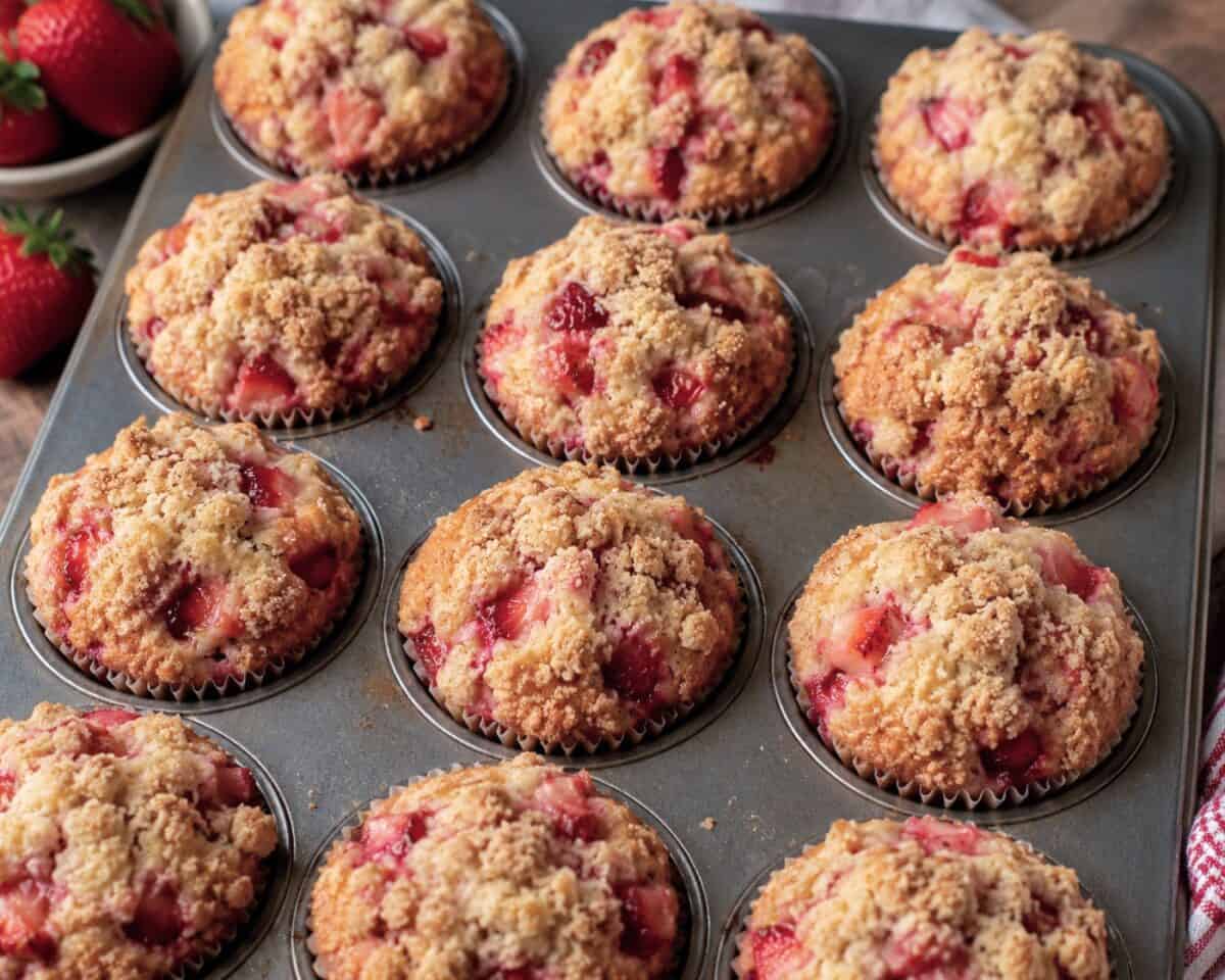 Freshly baked strawberry streusel muffins in a muffin pan.