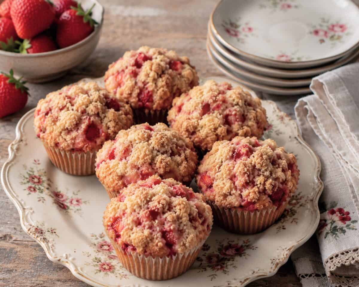 Strawberry Streusel Muffins on vintage floral serving platter, alongside a stack of plates, linen napkins and bowl of fresh strawberries.