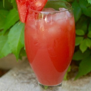 Watermelon Agua Fresca in tall glass with watermelon wedge behind green plant