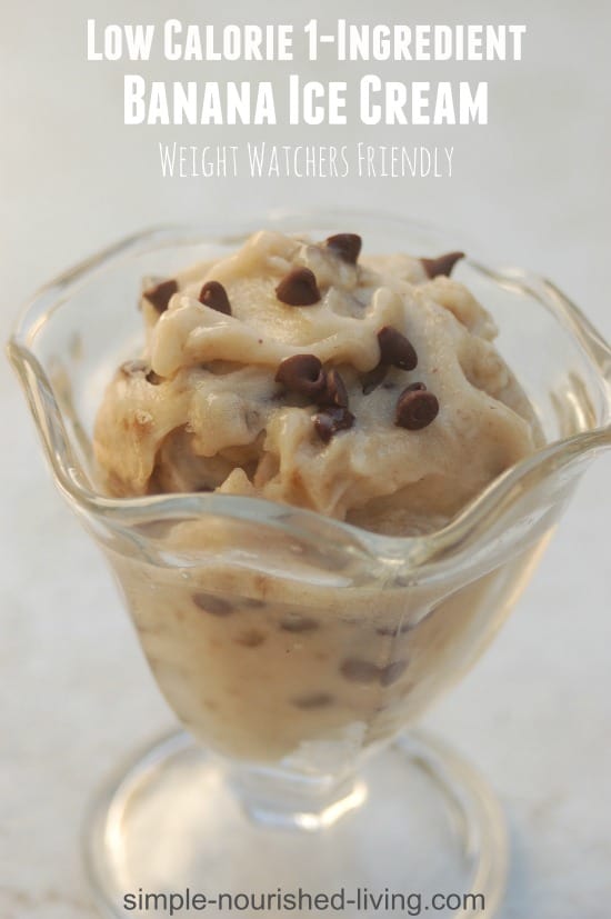 Low Calorie Banana Ice Cream with chocolate chips in dessert glass.