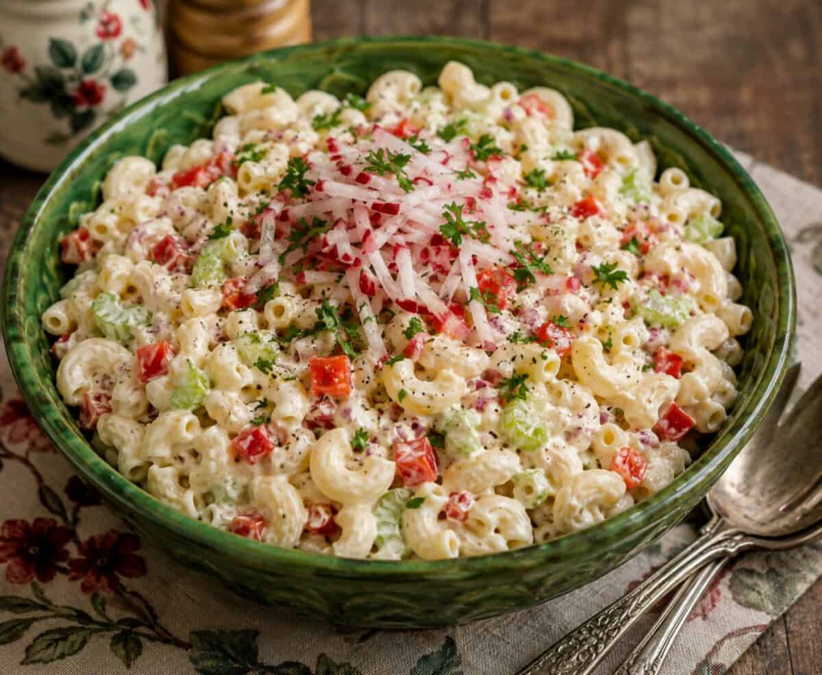 Classic Macaroni Salad in a vintage green bowl with serving spoons.