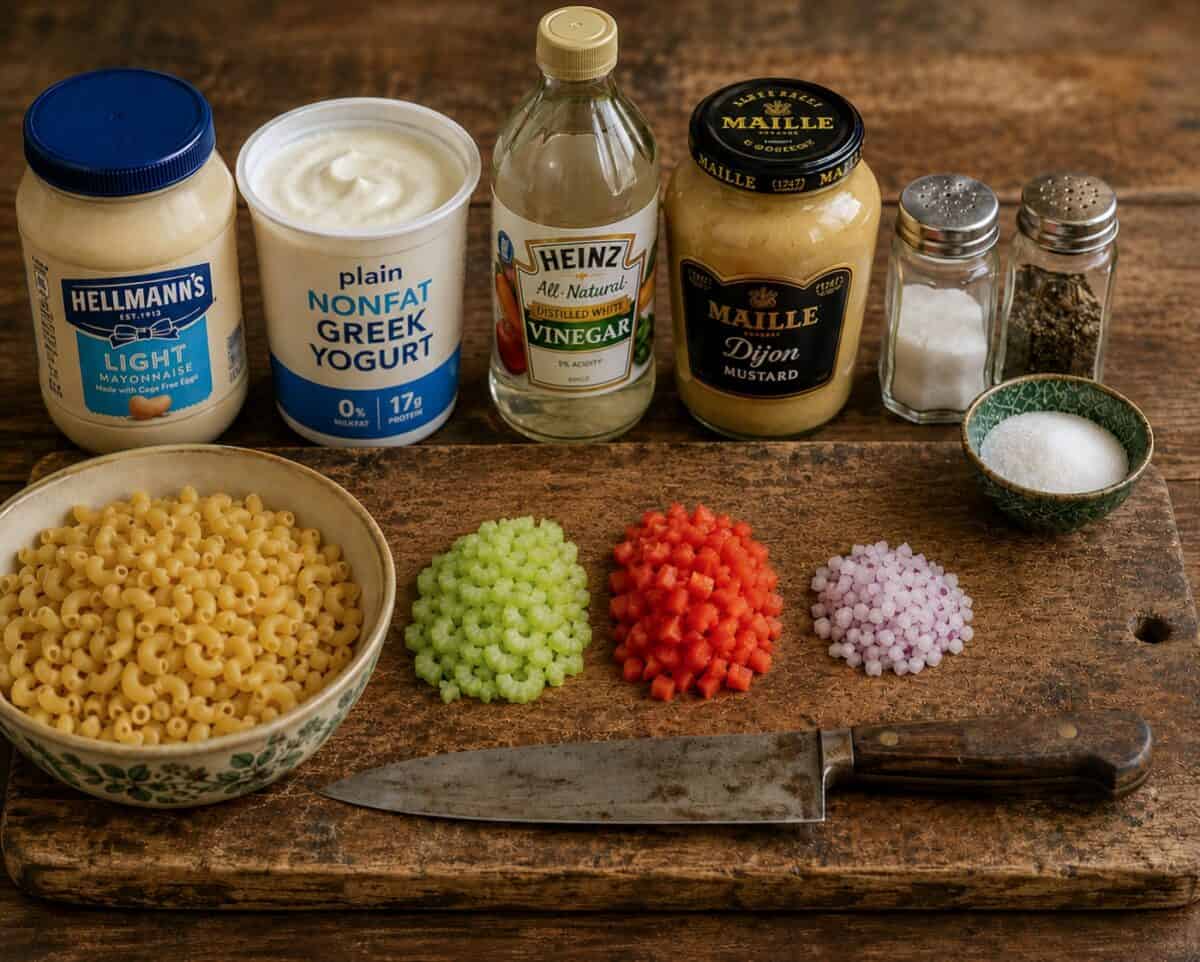 A bowl of cooked elbow macaroni, sliced celery, chopped red bell pepper and chopped red onion on a wood cutting board with a chef knife and jar of light mayonnaise, plain nonfat Greek yogurt, vinegar, mustard and salt and pepper for making macaroni salad.