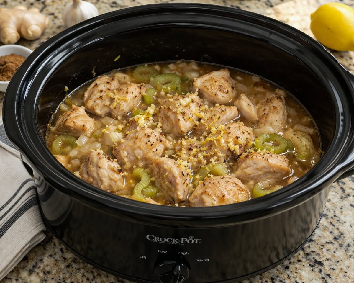 Slow Cooker Five-Spice Chicken in black crock pot on granite counter.