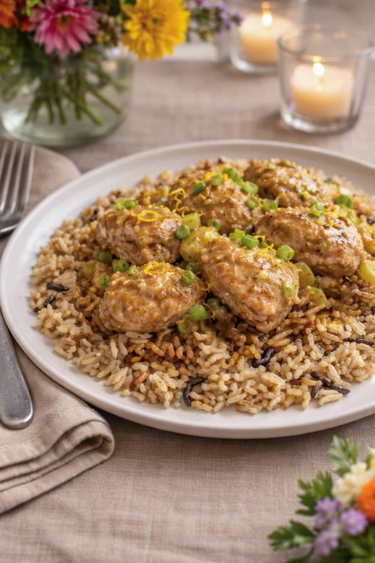 Slow Cooker Five Spice Chicken over blend of brown rice and wild rice on a serving platter with candles and vase of flower in the background.