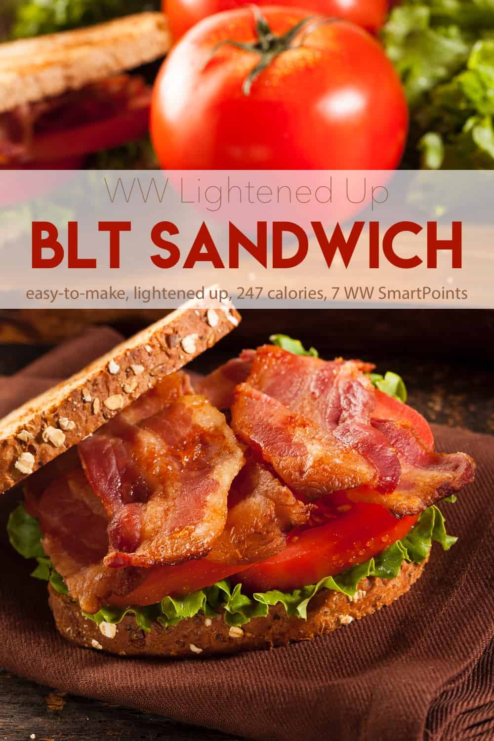 BLT sandwich on brown napkin with whole tomato and second BLT in background.