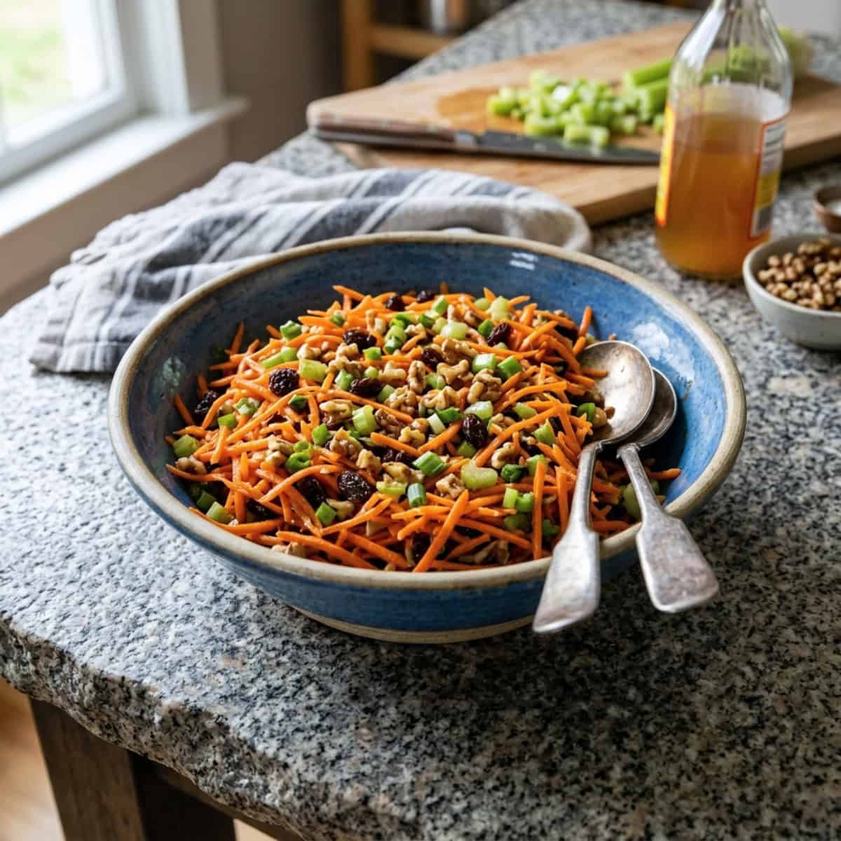 Shredded Carrot Salad with raisins and walnuts in a blue ceramic bowl with serving spoons on a granite kitchen island.