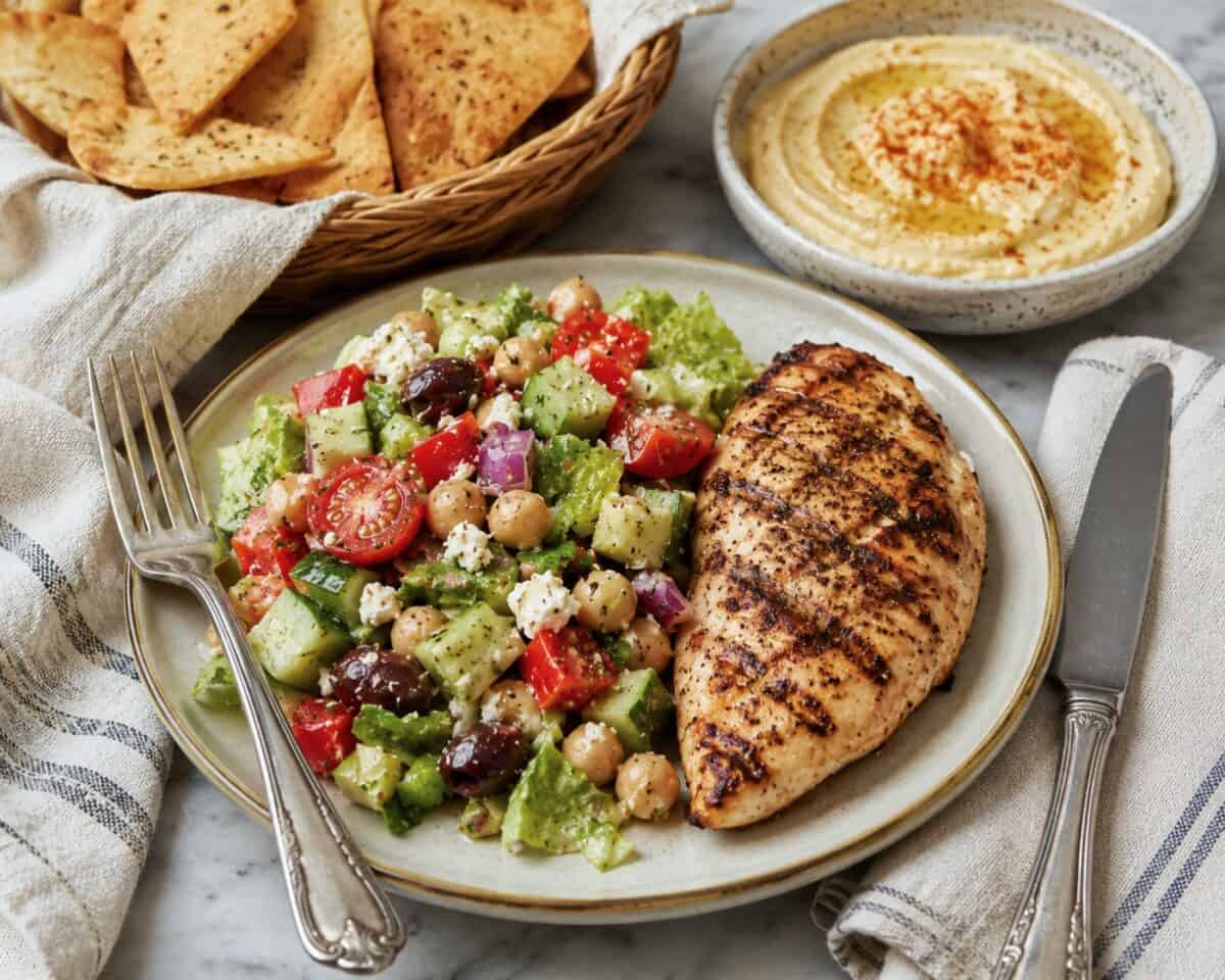 Chopped Greek Salad with a grilled chicken breast on a dinner plate with fork and knife alongside basket of pita chips and bowl of hummus.