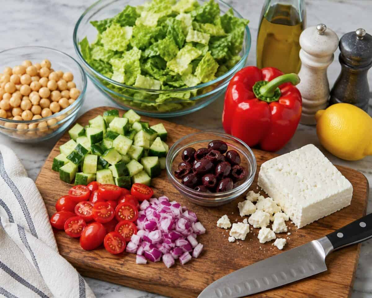 Ingredients including a bowl of chopped Romaine lettuce, chickpeas, chopped cucumber, halved grape tomatoes, chopped red onion, Kalamata olives, a block of feta cheese, whole red bell pepper, lemon, olive oil and salt and pepper on wood cutting board with chef knife.