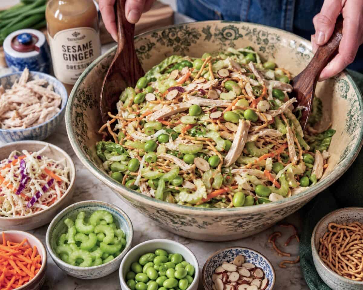 Tossing Crunch Asian Chicken Salad ingredients in a lage vintage bowl with wood utensils.