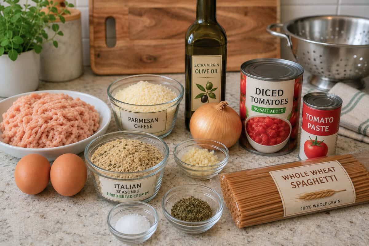 Ingredients including ground chicken breast, two eggs, grated Parmesan cheese, Italian seasoned dried bread crumbs, dried basil, minced garlic, onion, olive oil, canned diced tomatoes, tomato paste and whole wheat spaghetti on kitchen counter.