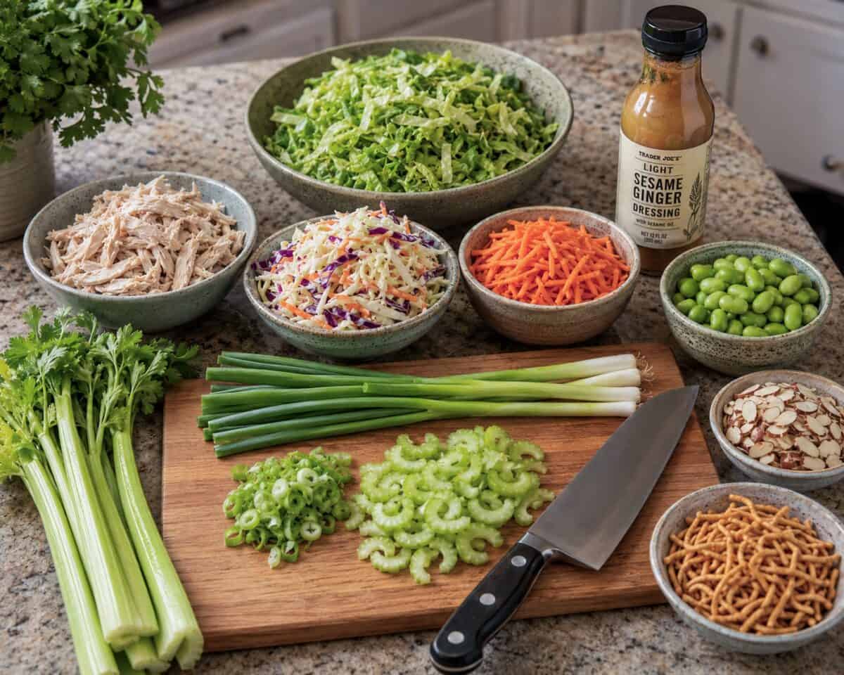 Salad ingredients including shredded romaine, shredded Cole slaw mix, shredded carrots, shelled edamame, celery, green onions, sliced almonds, chow men noodles on wood cutting board with chef knife.