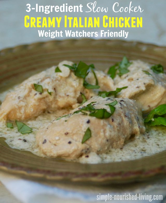 Easy3-Ingredient Slow Cooker Creamy Italian Chicken on ceramic serving platter.