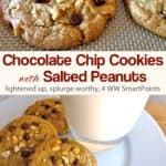 Enlightened Chocolate Chip Cookies with Salted Peanuts on a plate with a tall glass of ice cold milk