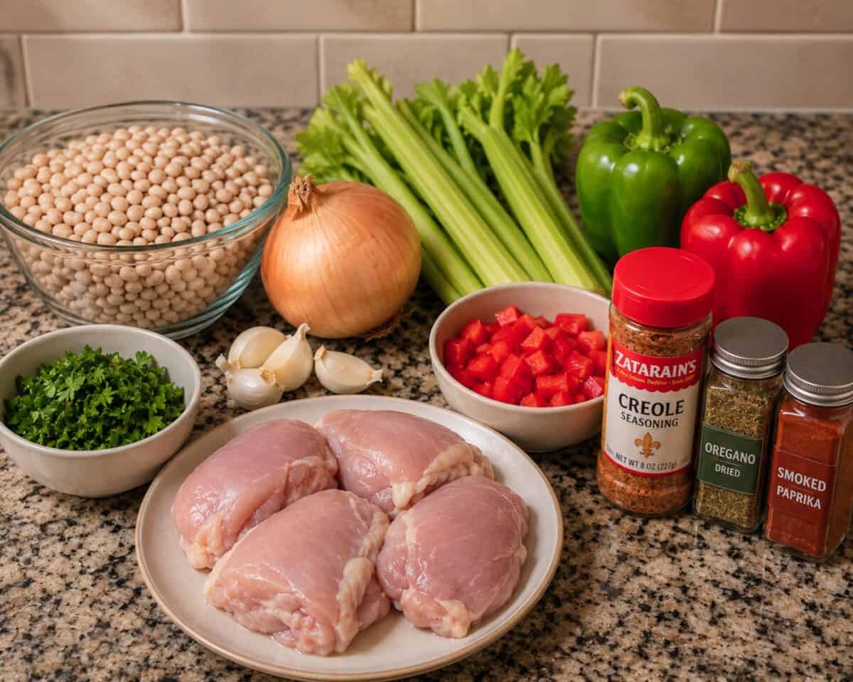 Navy beans, chopped parsley, boneless skinless chicken breast, garlic cloves, yellow onion, celery, green bell pepper, red bell pepper, jar of Creole seasoning, dried oregano and smoked paprika on kitchen counter.