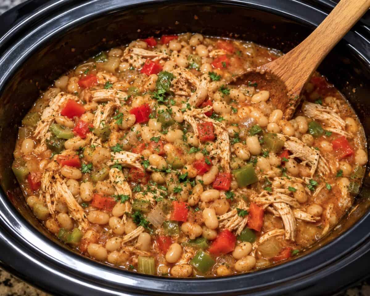 Slow Cooker Creole White Beans and Chicken in black crock pot with wooden spoon.