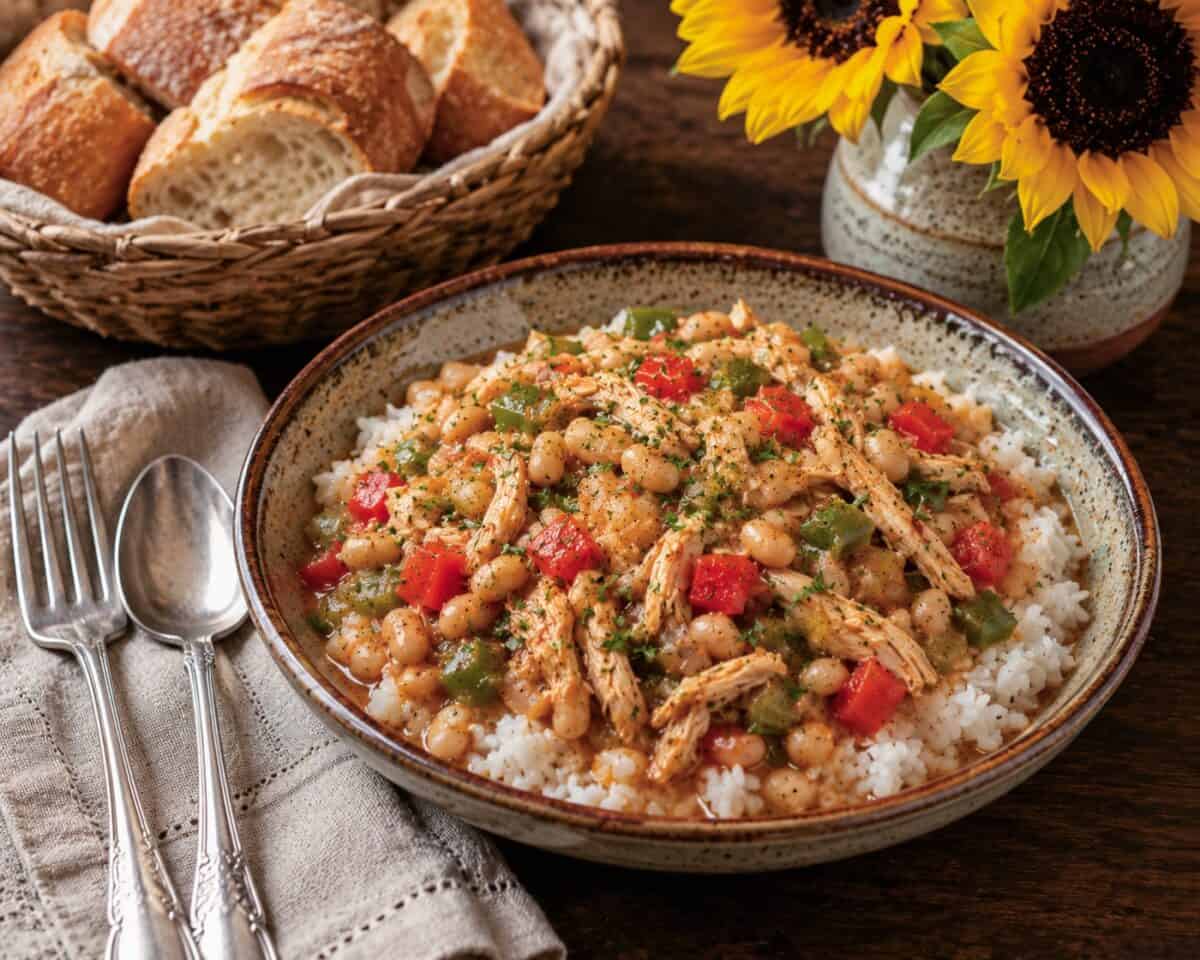 Creole white beans with chicken over white rice in a pottery bowl with fork and spoon on linen napkin, a basket of crusty bread and vase of sunflowers in the background.