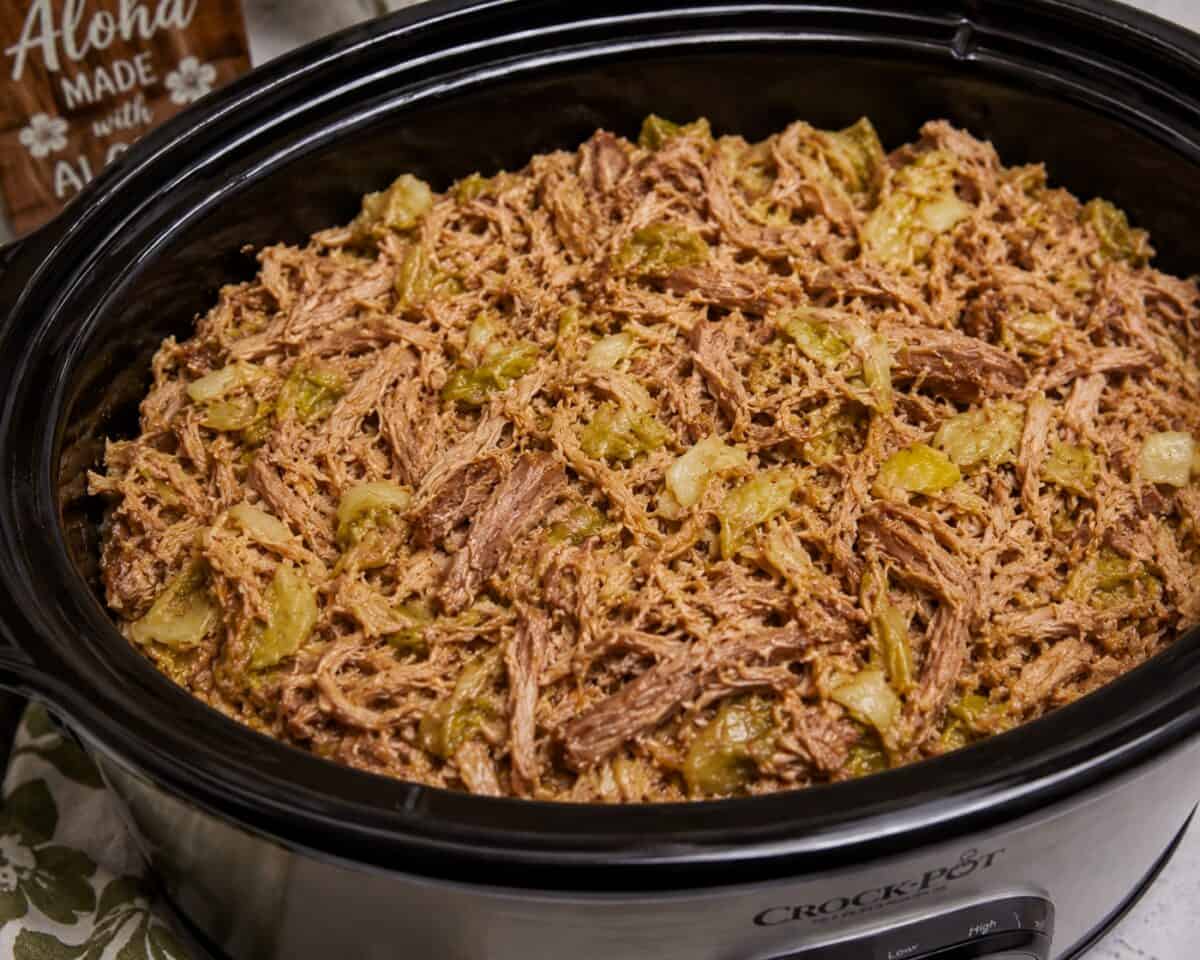 Slow Cooker Kalua Pork and Cabbage in a 6-quart crock pot.