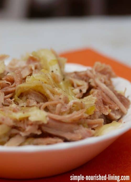 close up of 4 ingredient kalua pork and cabbage in a white bowl on orange mat
