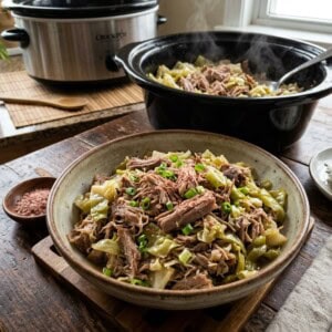 pottery bowl of cooked slow cooker kalua pork with slow cooker in background