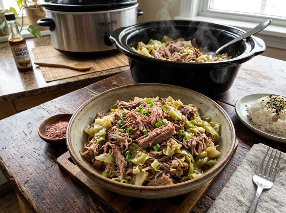 pottery bowl of cooked slow cooker kalua pork with slow cooker in background