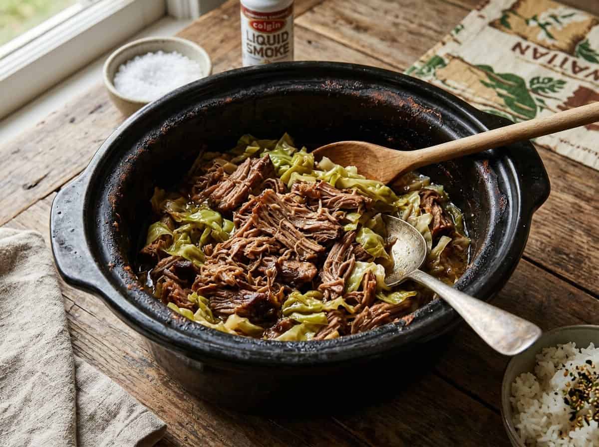 Hawaiian Kalua Pork in black crock pot on wooden table with serving spoons.