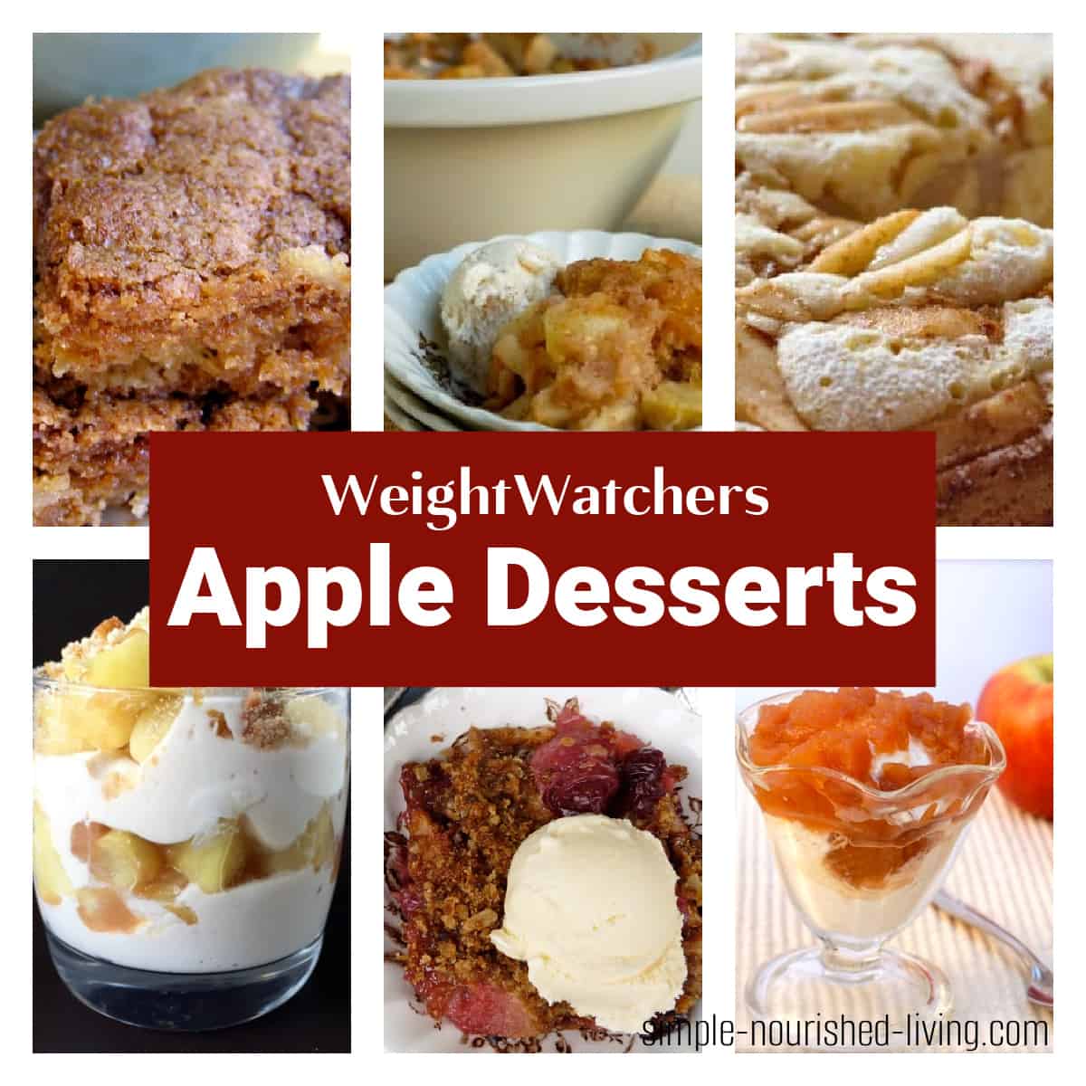 Collage of healthy apple desserts including apple bars, crock pot apple cobbler, apple pie yogurt parfait and apple compote.