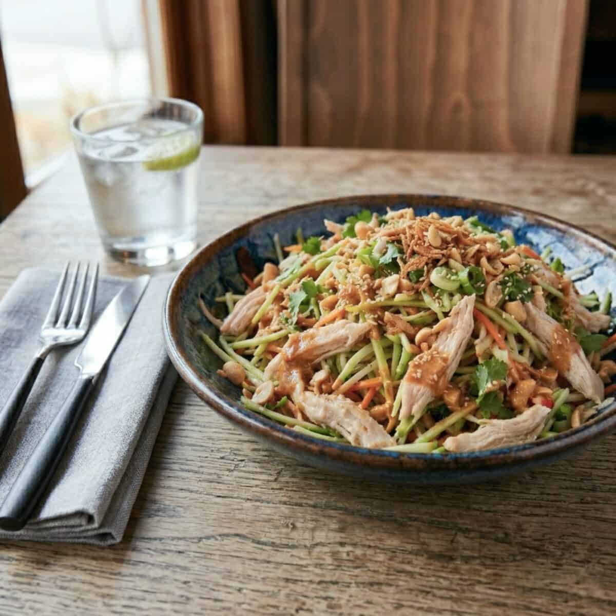 Asian-style chicken salad with spicy peanut vinaigrette in blue bowl with fork, knife and linen napkin alongside and glass of ice water in the background.