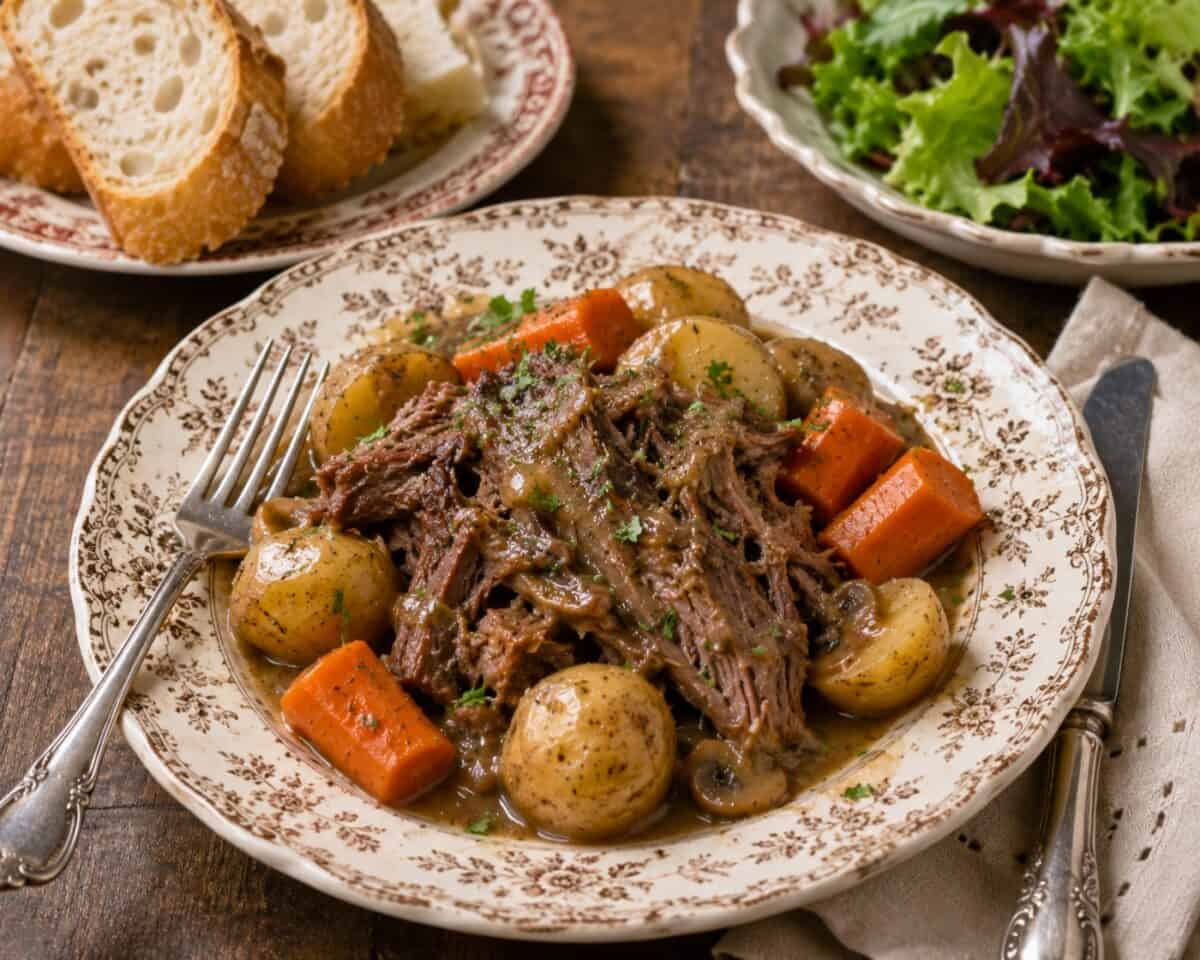 Slow cooker pot roast with carrot and potatoes on a vintage dinner plate with a mixed green salad and plate of sliced crusty bread in the background.