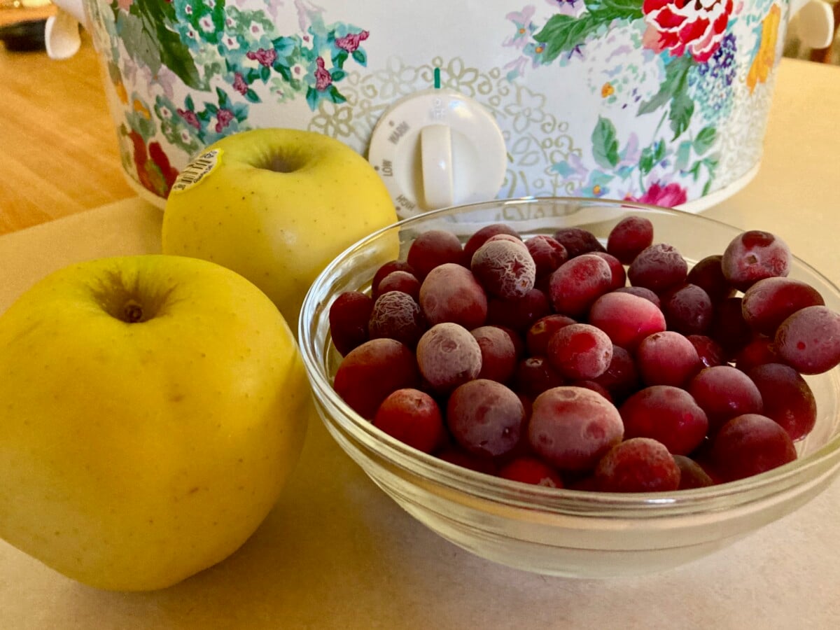 Slow Cooker with two apples and bowl of cranberries in front.
