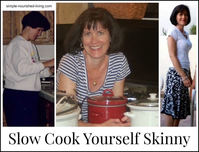 Healthy Cooking Photo Collage - Photo of woman before losing weight preparing meal, woman in kitchen with crock pots and slim, happy woman in white top and skirt