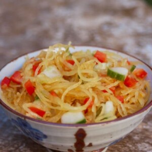 Easy Healthy Asian Spaghetti Squash Salad Recipe 0 Weight Watchers SmartPoints ceramic bowl marble background