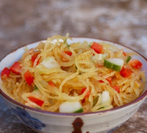 Easy Healthy Asian Spaghetti Squash Salad Recipe 0 Weight Watchers SmartPoints ceramic bowl marble background