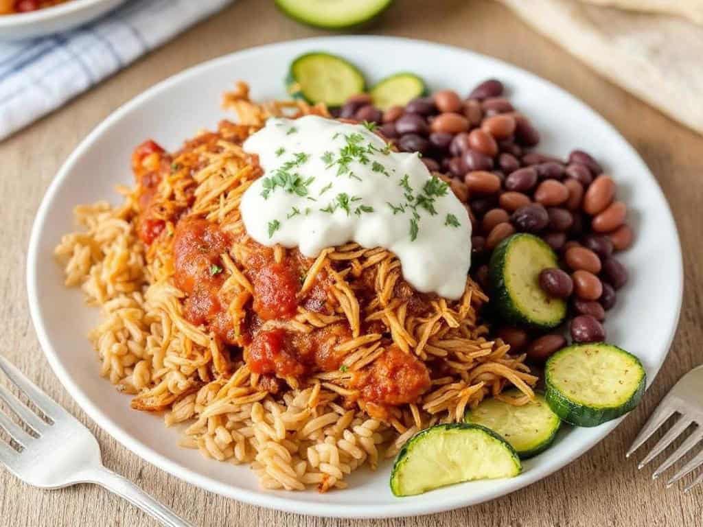 white plate filled with salsa chicken, beans, zucchini, garnished with sour cream and cilantro